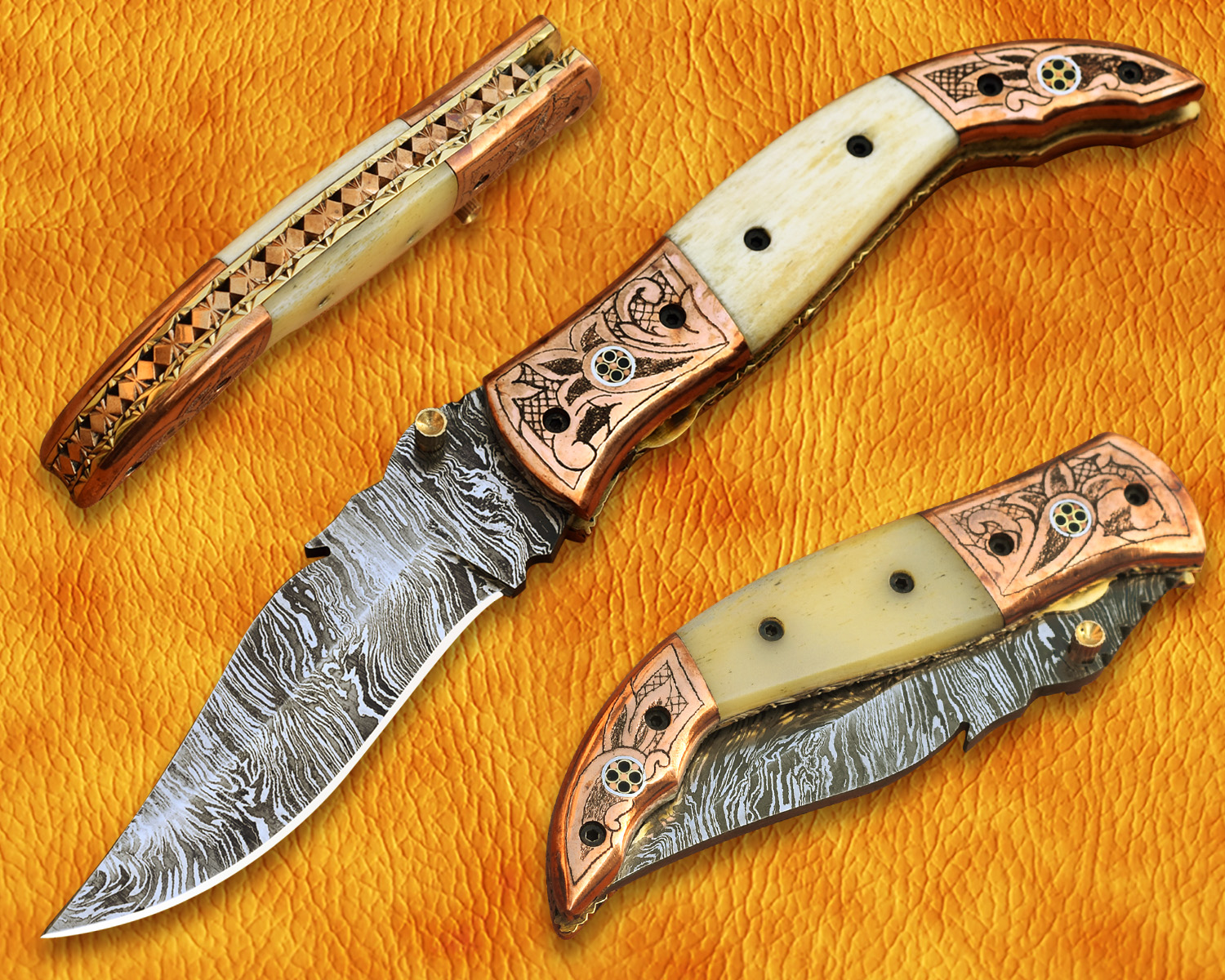 Artisan Scrimshaw Damascus Folding Chef Implement - Copper & Bone FK808