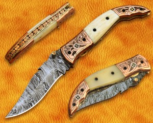 Artisan Scrimshaw Damascus Folding Chef Implement - Copper & Bone FK808
