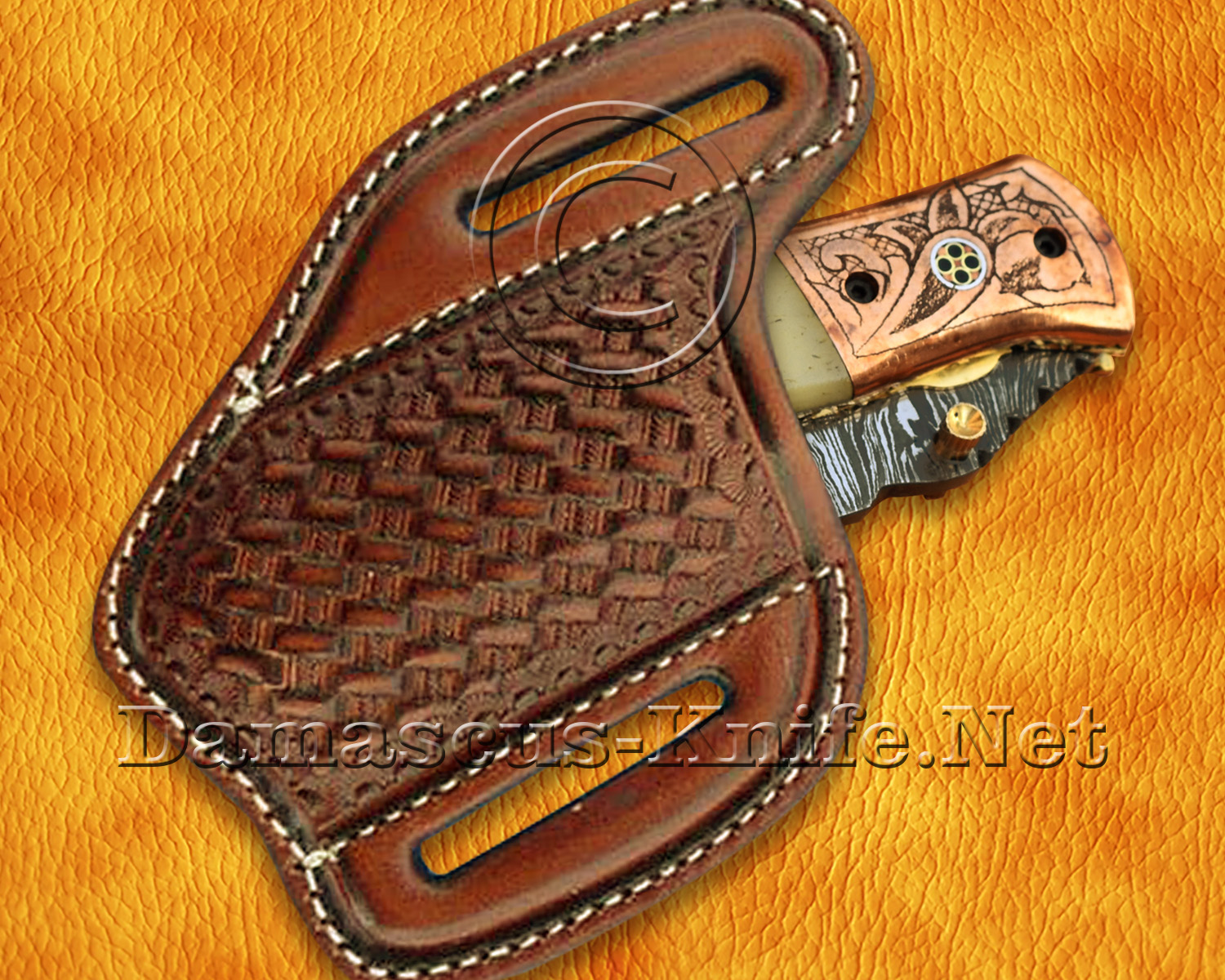 Artisan Scrimshaw Damascus Folding Chef Implement - Copper & Bone FK808
