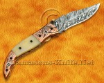 Artisan Scrimshaw Damascus Folding Chef Implement - Copper & Bone FK808