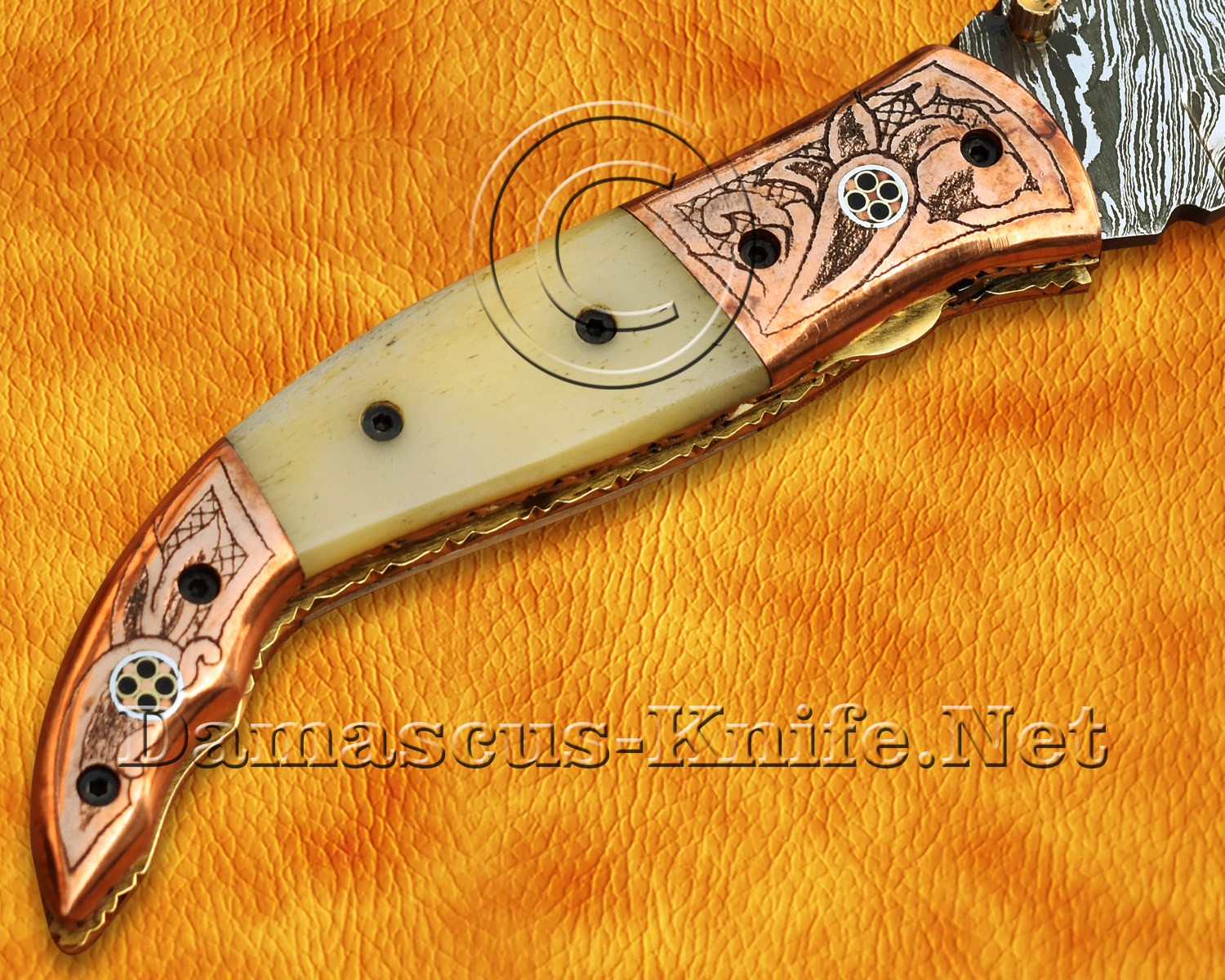 Artisan Scrimshaw Damascus Folding Chef Implement - Copper & Bone FK808
