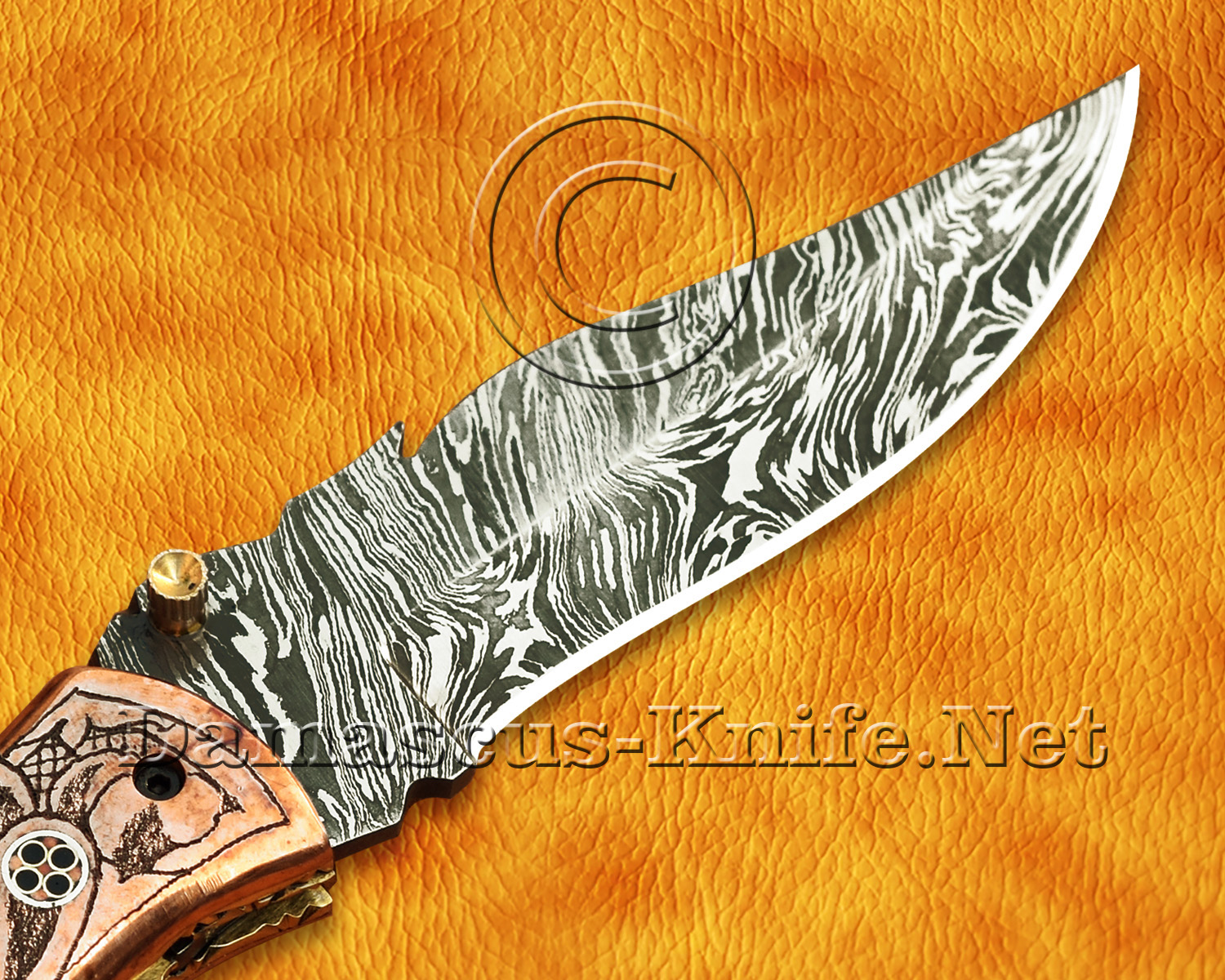 Artisan Scrimshaw Damascus Folding Chef Implement - Copper & Bone FK808