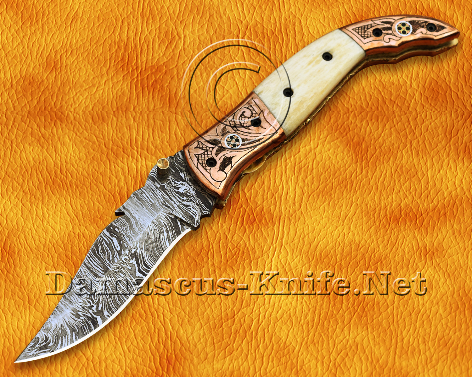 Artisan Scrimshaw Damascus Folding Chef Implement - Copper & Bone FK808