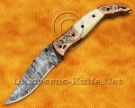 Artisan Scrimshaw Damascus Folding Chef Implement - Copper & Bone FK808