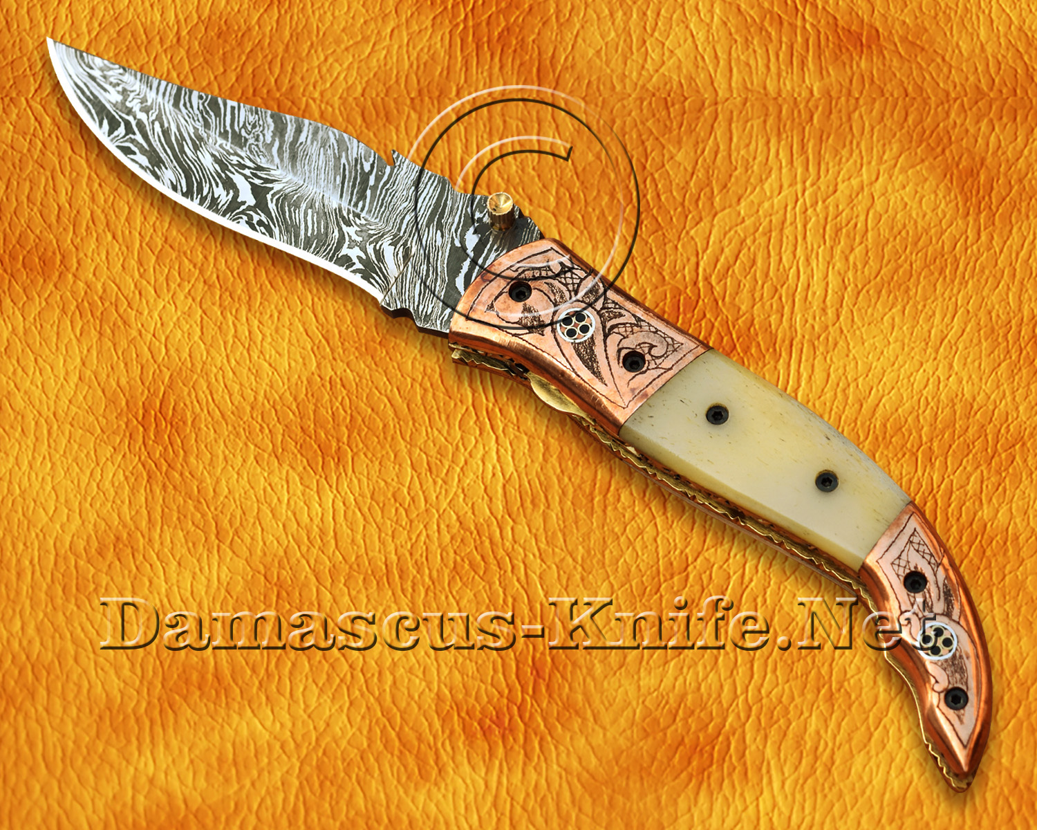 Artisan Scrimshaw Damascus Folding Chef Implement - Copper & Bone FK808
