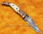 Artisan Scrimshaw Damascus Folding Chef Implement - Copper & Bone FK808