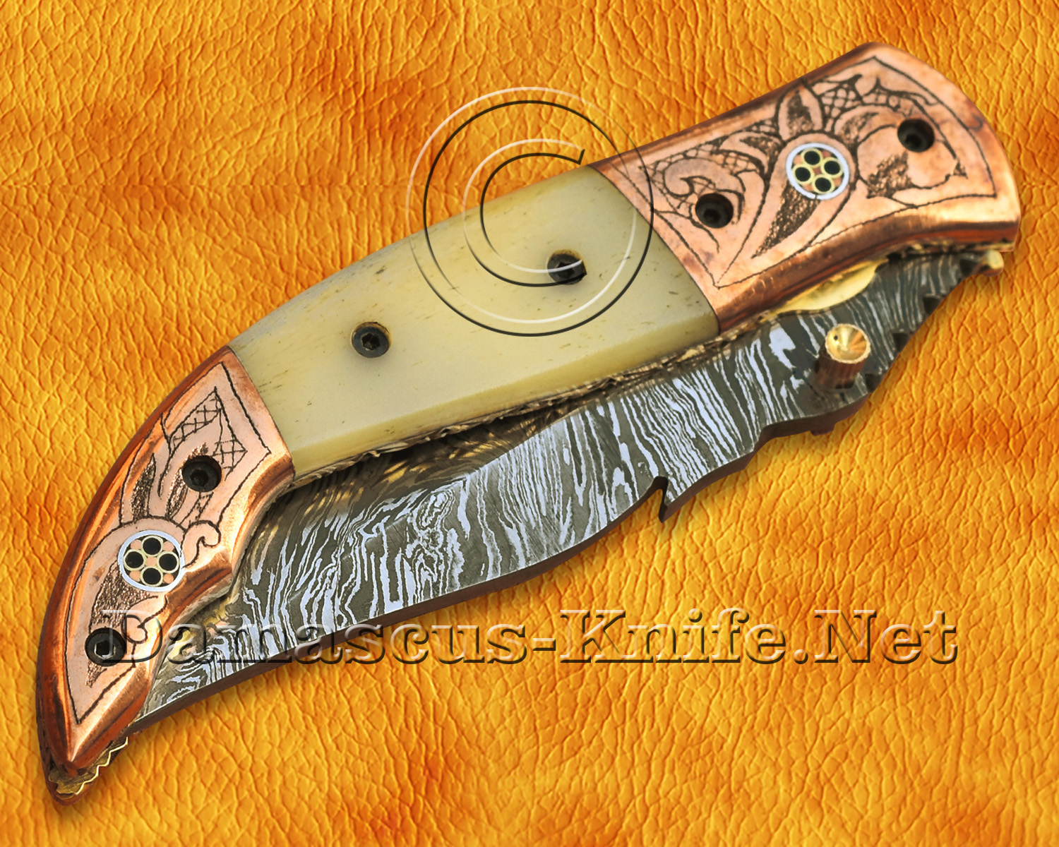Artisan Scrimshaw Damascus Folding Chef Implement - Copper & Bone FK808