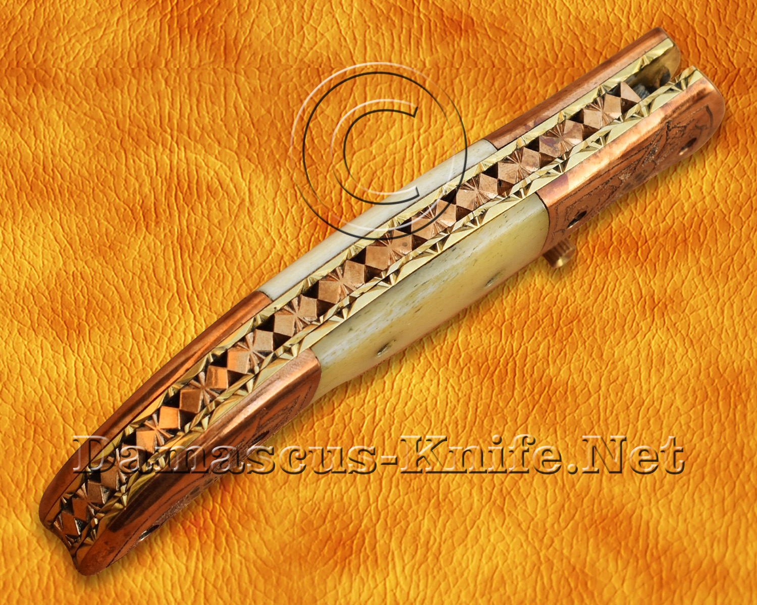 Artisan Scrimshaw Damascus Folding Chef Implement - Copper & Bone FK808