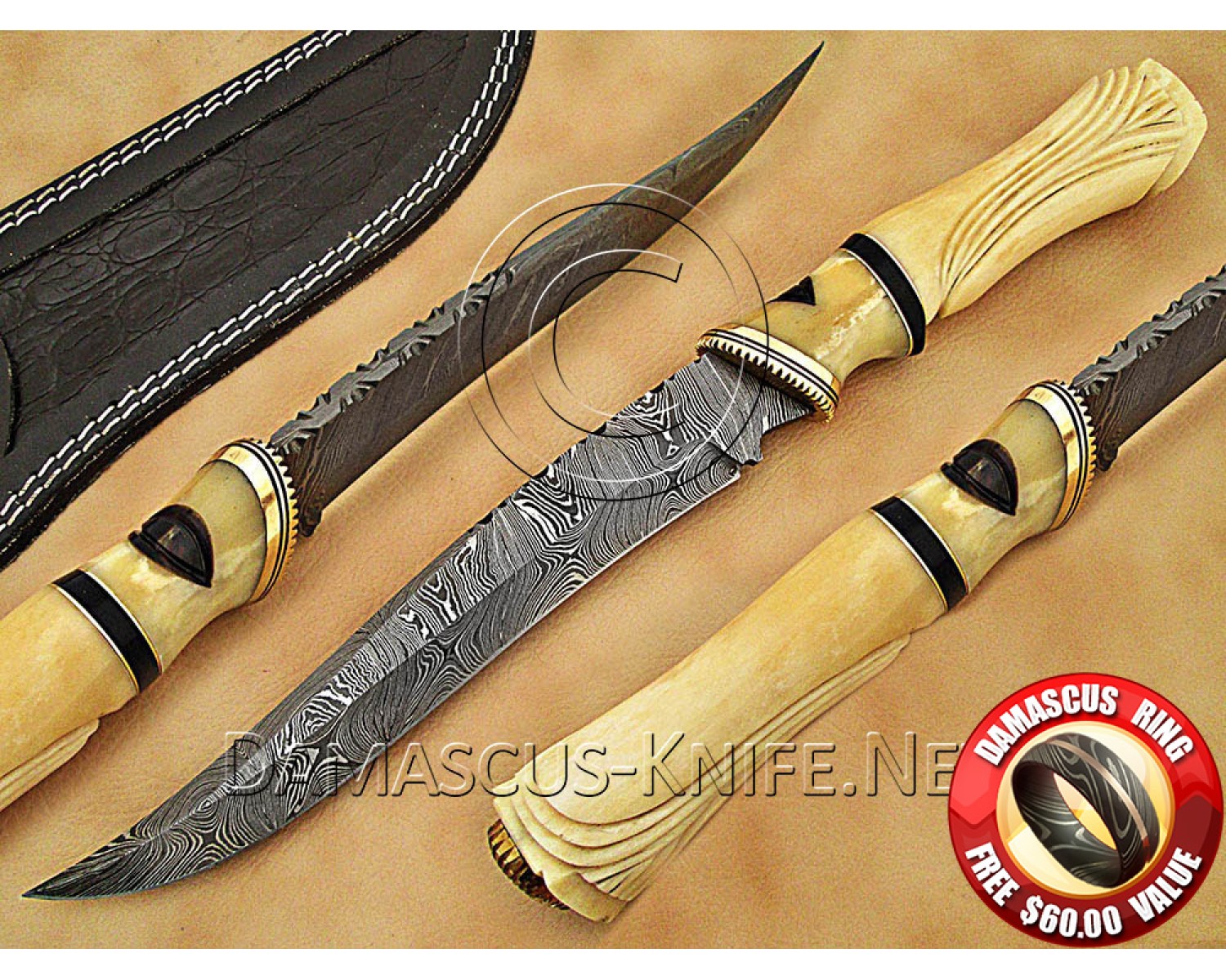 Handmade Damascus Steel Outdoor Field-Utility Implement - Carved Bone - CK883 Handmade Damascus Steel Outdoor Field-Utility Implement - Carved Bone - CK883