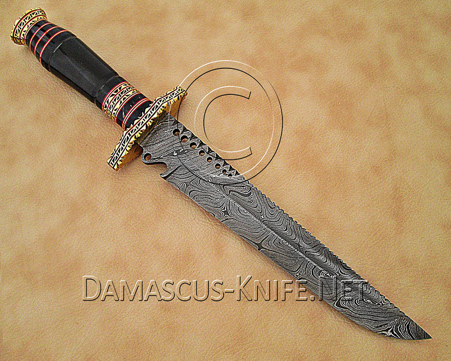 15" Damascus Artisan Prep Kitchen Knife - Horn & Brass CK888
