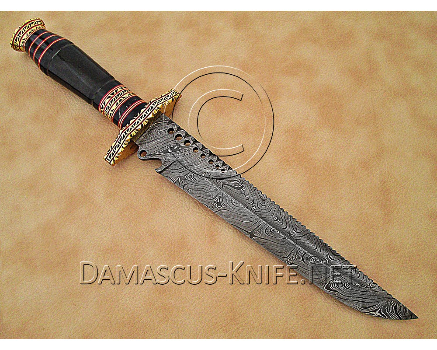 15" Damascus Artisan Prep Kitchen Knife - Horn & Brass CK888 15" Damascus Artisan Prep Kitchen Knife - Horn & Brass CK888