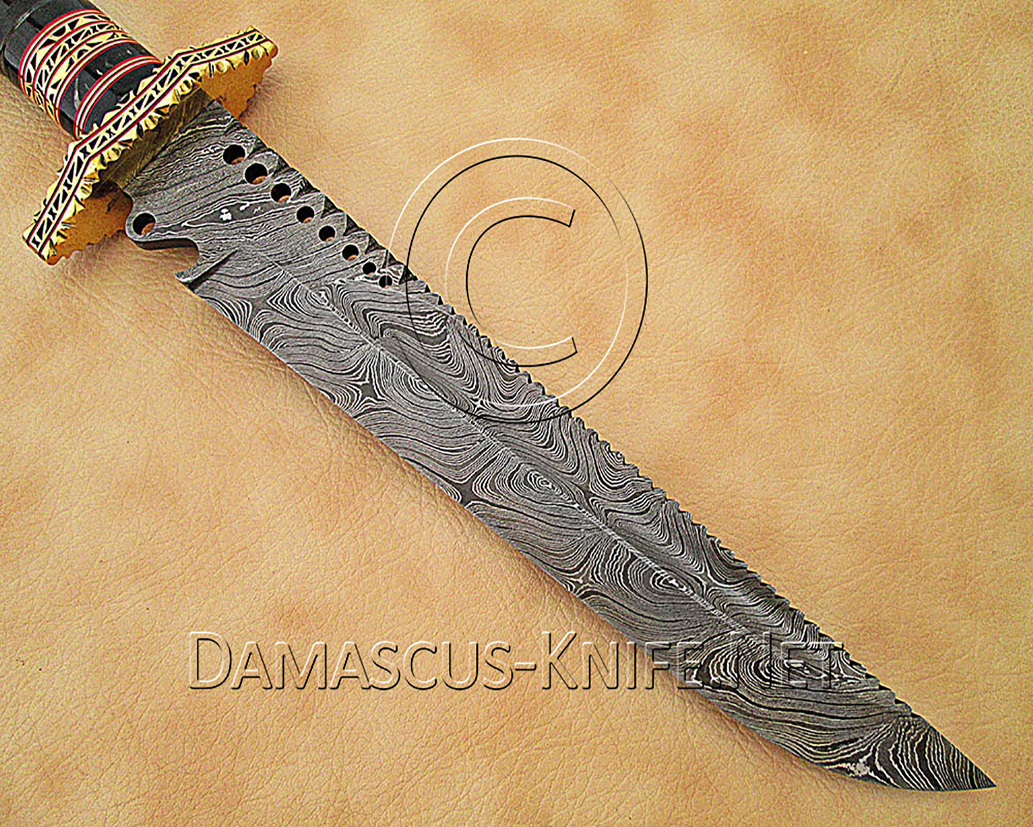 15" Damascus Artisan Prep Kitchen Knife - Horn & Brass CK888