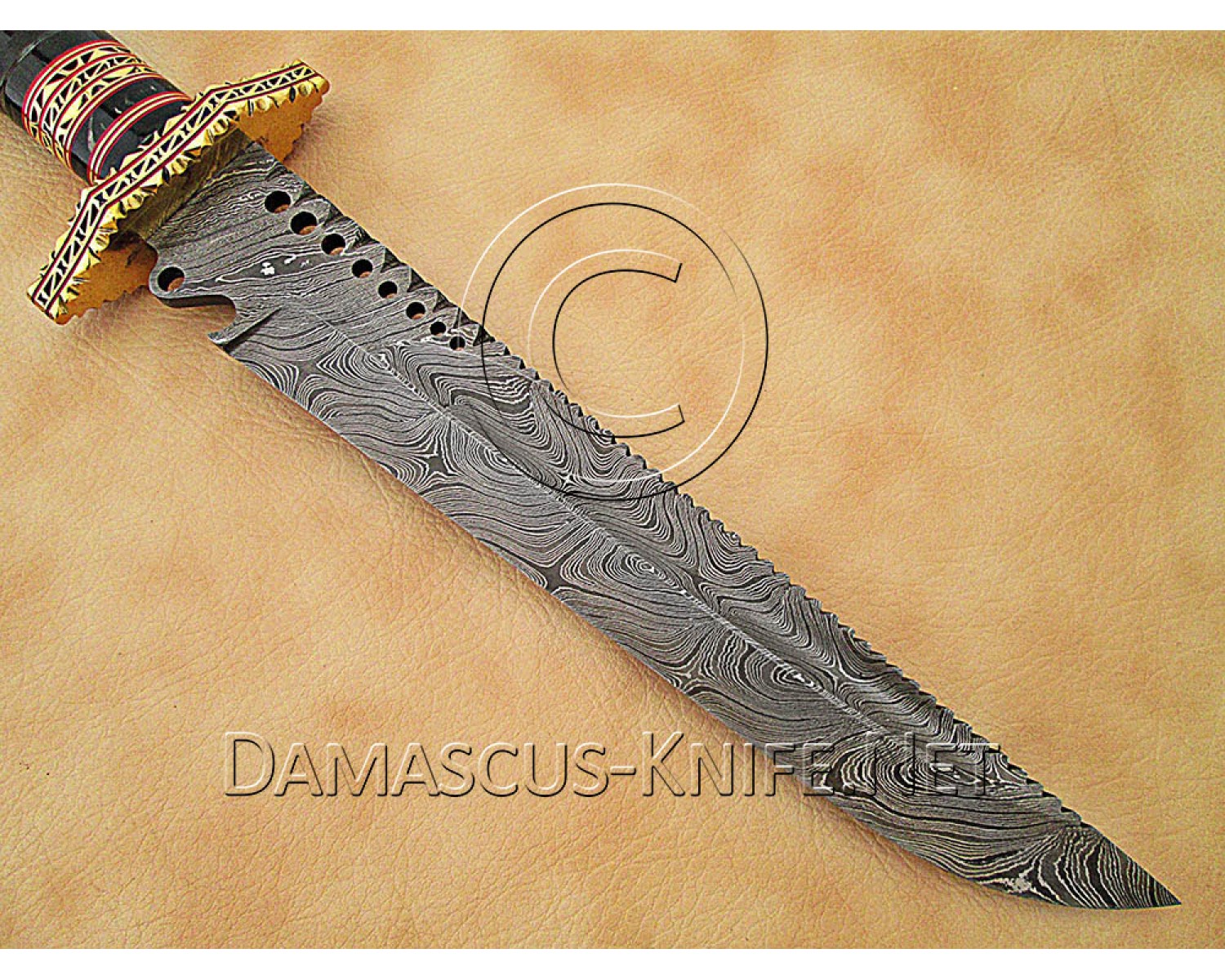 15" Damascus Artisan Prep Kitchen Knife - Horn & Brass CK888 15" Damascus Artisan Prep Kitchen Knife - Horn & Brass CK888