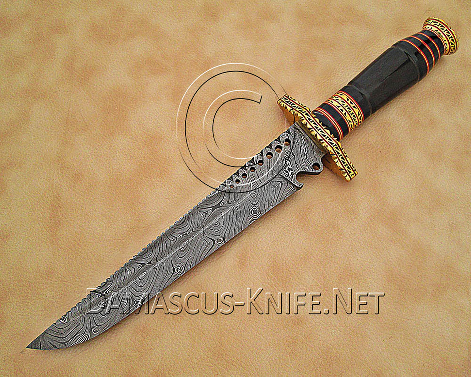15" Damascus Artisan Prep Kitchen Knife - Horn & Brass CK888
