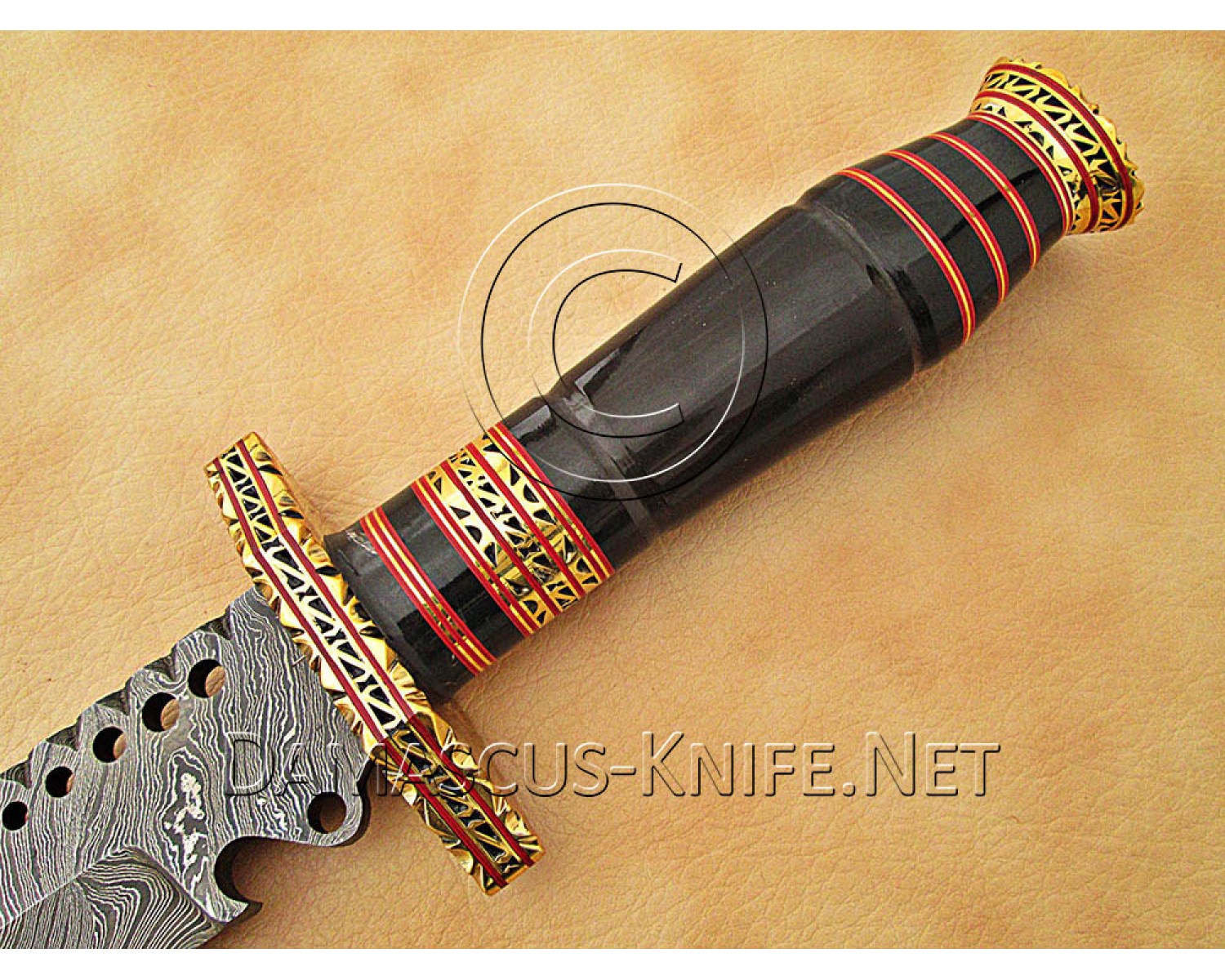 15" Damascus Artisan Prep Kitchen Knife - Horn & Brass CK888 15" Damascus Artisan Prep Kitchen Knife - Horn & Brass CK888