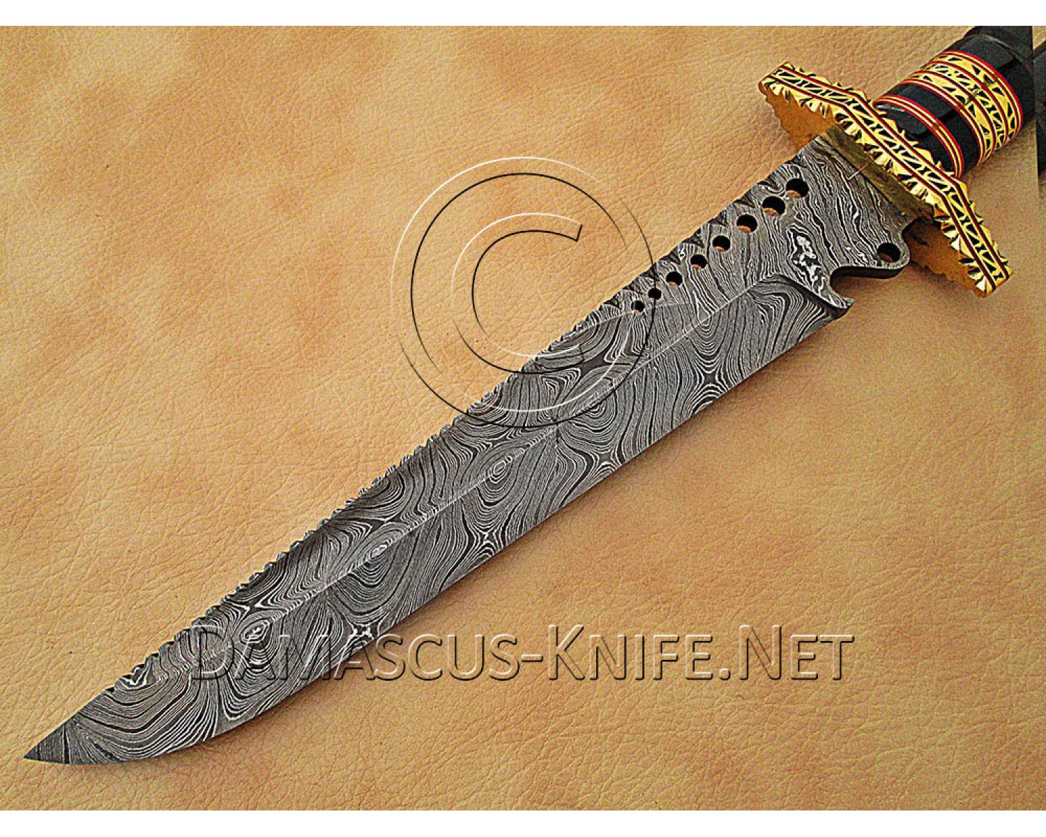 15" Damascus Artisan Prep Kitchen Knife - Horn & Brass CK888 15" Damascus Artisan Prep Kitchen Knife - Horn & Brass CK888