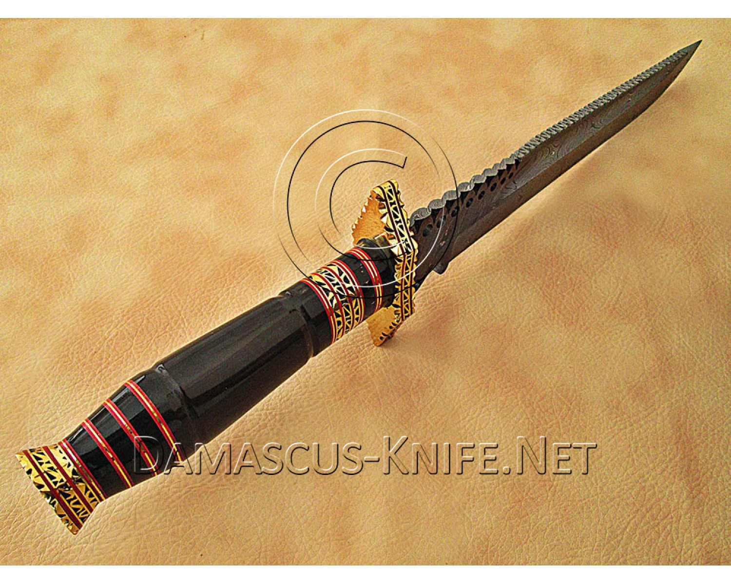 15" Damascus Artisan Prep Kitchen Knife - Horn & Brass CK888 15" Damascus Artisan Prep Kitchen Knife - Horn & Brass CK888