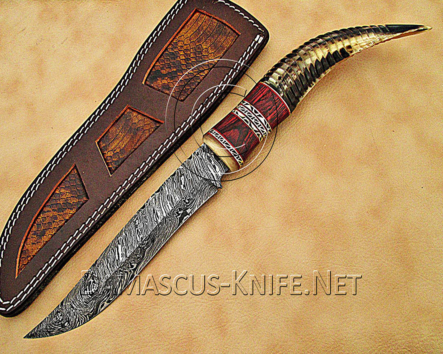 13" Damascus Raindrop Artisan Prep Kitchen Knife - Ram Horn CK891 13" Damascus Raindrop Artisan Prep Kitchen Knife - Ram Horn CK891