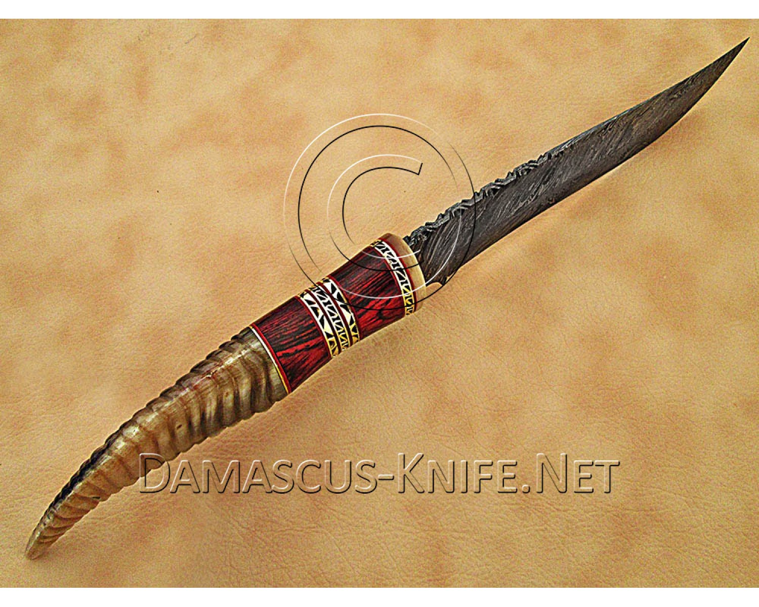 13" Damascus Raindrop Artisan Prep Kitchen Knife - Ram Horn CK891
