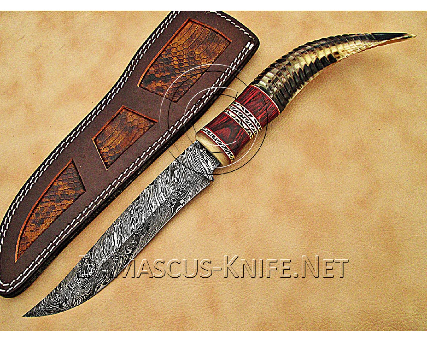 13" Damascus Raindrop Artisan Prep Kitchen Knife - Ram Horn CK891