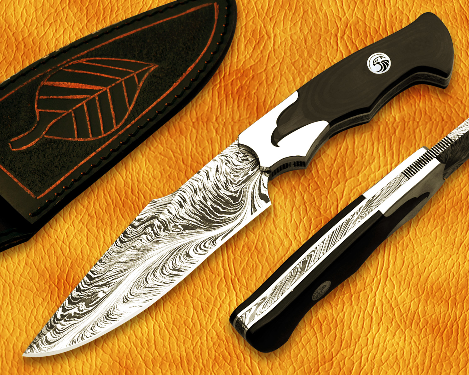 11" Damascus Feather Artisan Prep Kitchen Knife - Eagle Handle CK963