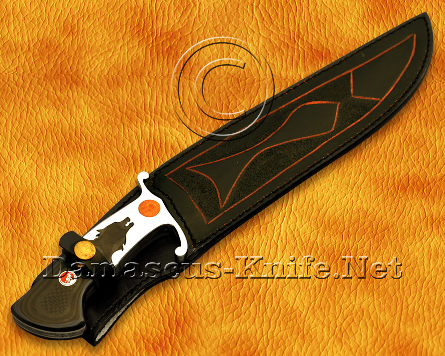 15" Damascus Feather Artisan Prep Kitchen Knife - Wolf Handle CK964