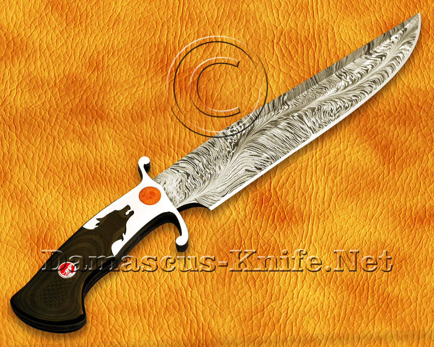 15" Damascus Feather Artisan Prep Kitchen Knife - Wolf Handle CK964