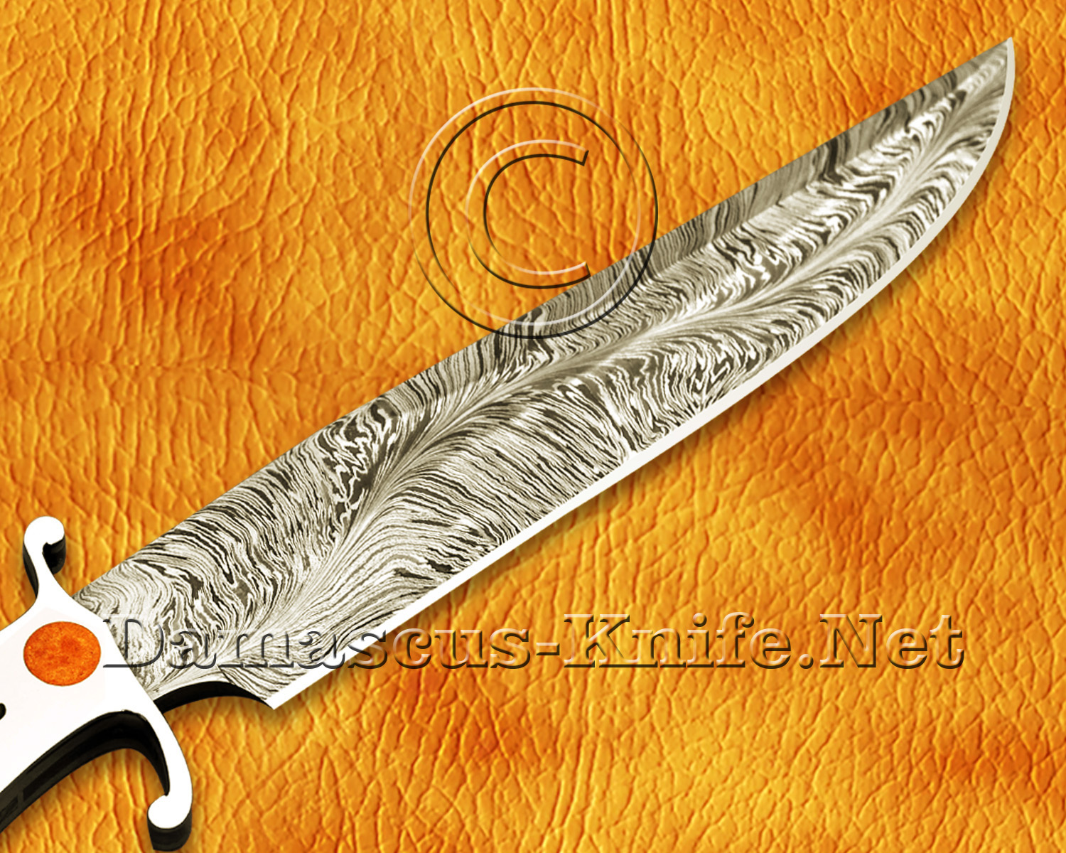 15" Damascus Feather Artisan Prep Kitchen Knife - Wolf Handle CK964