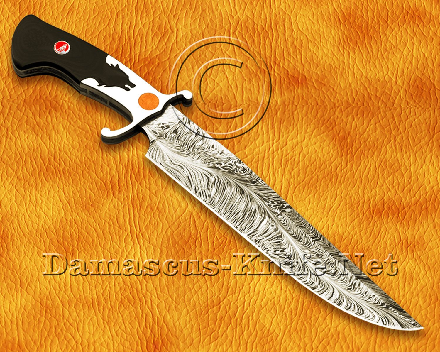15" Damascus Feather Artisan Prep Kitchen Knife - Wolf Handle CK964