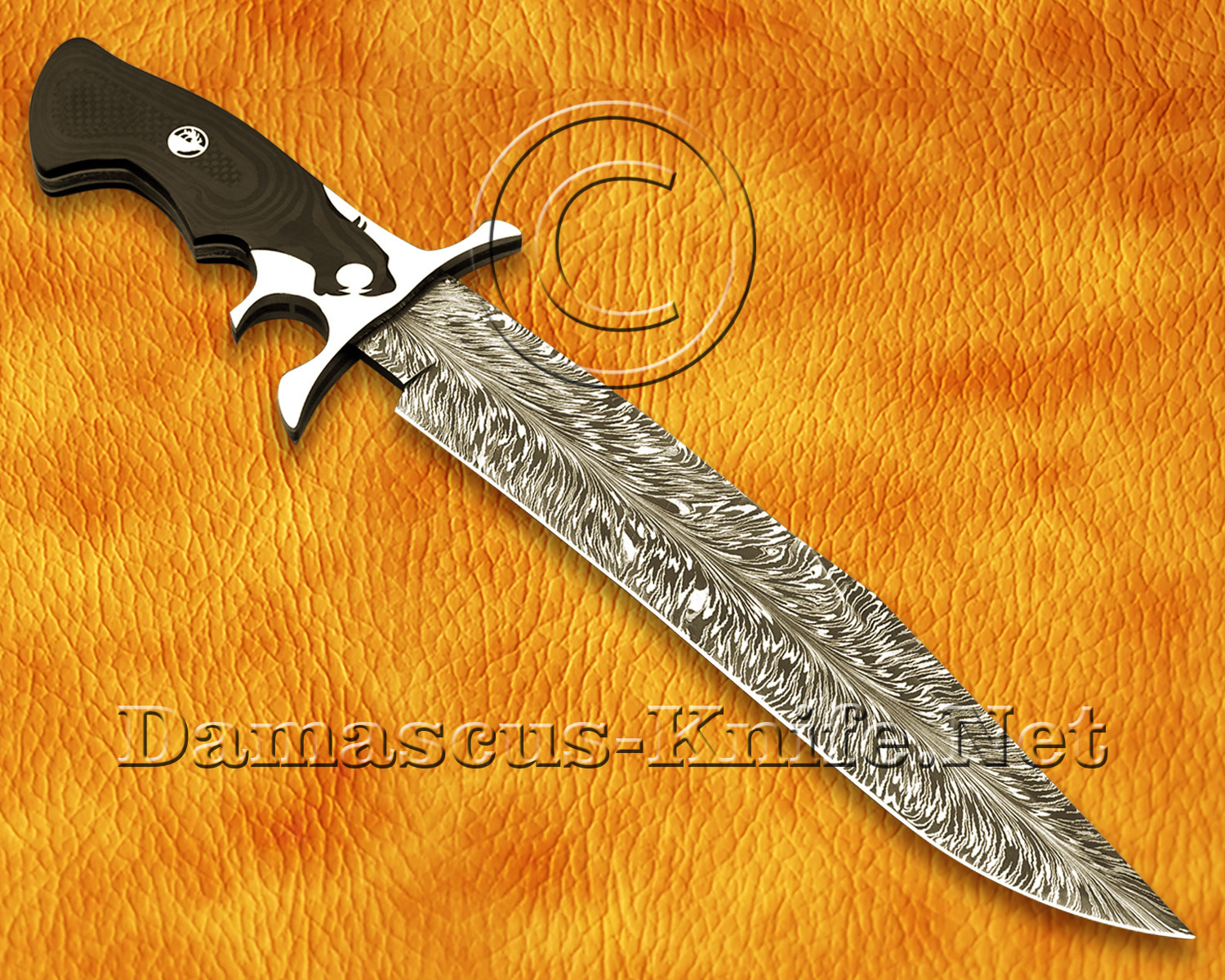 17.5" Damascus Feather Artisan Prep Kitchen Knife - Lion Handle CK965