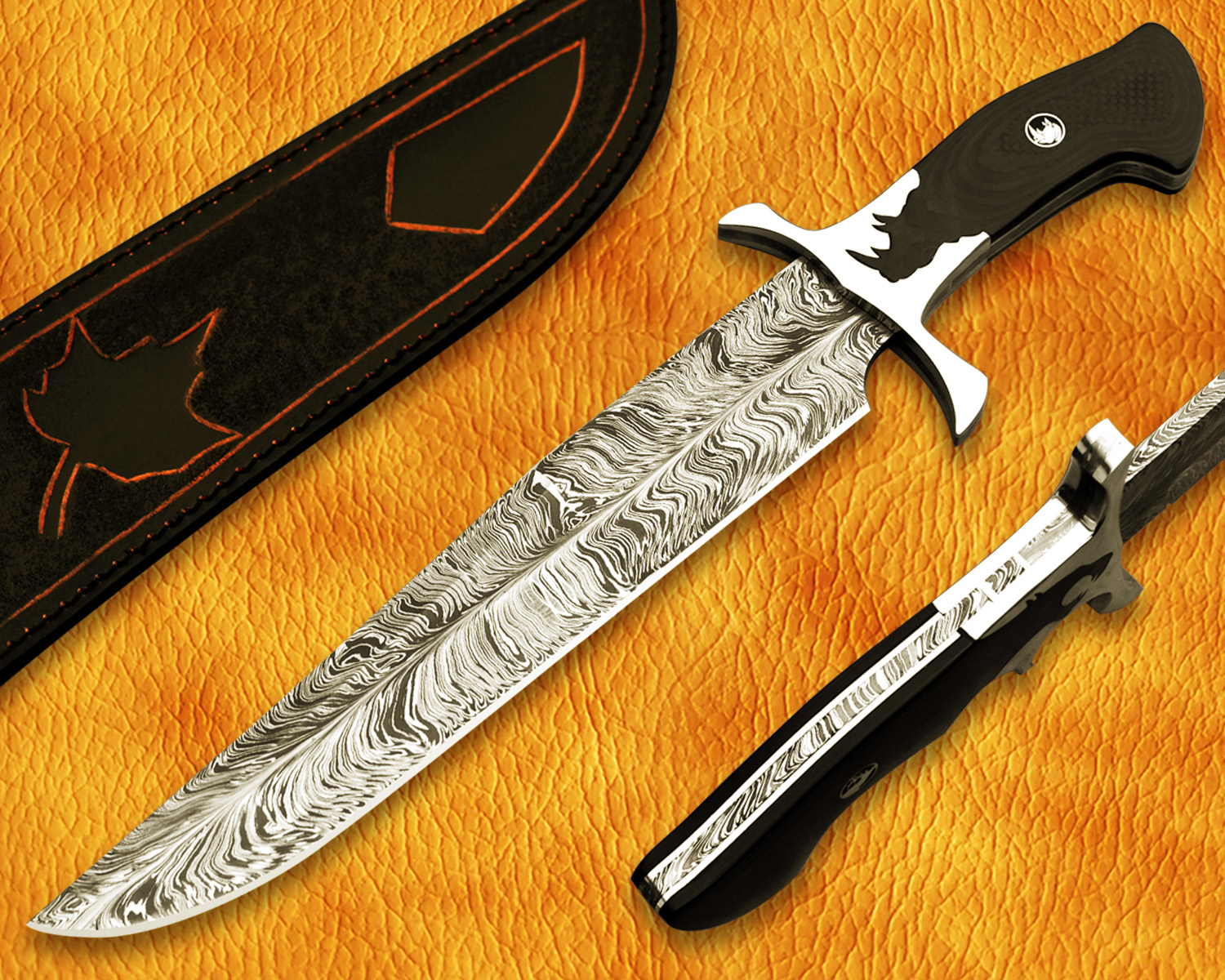 17.5" Damascus Feather Artisan Prep Kitchen Knife - Rhino Handle CK966