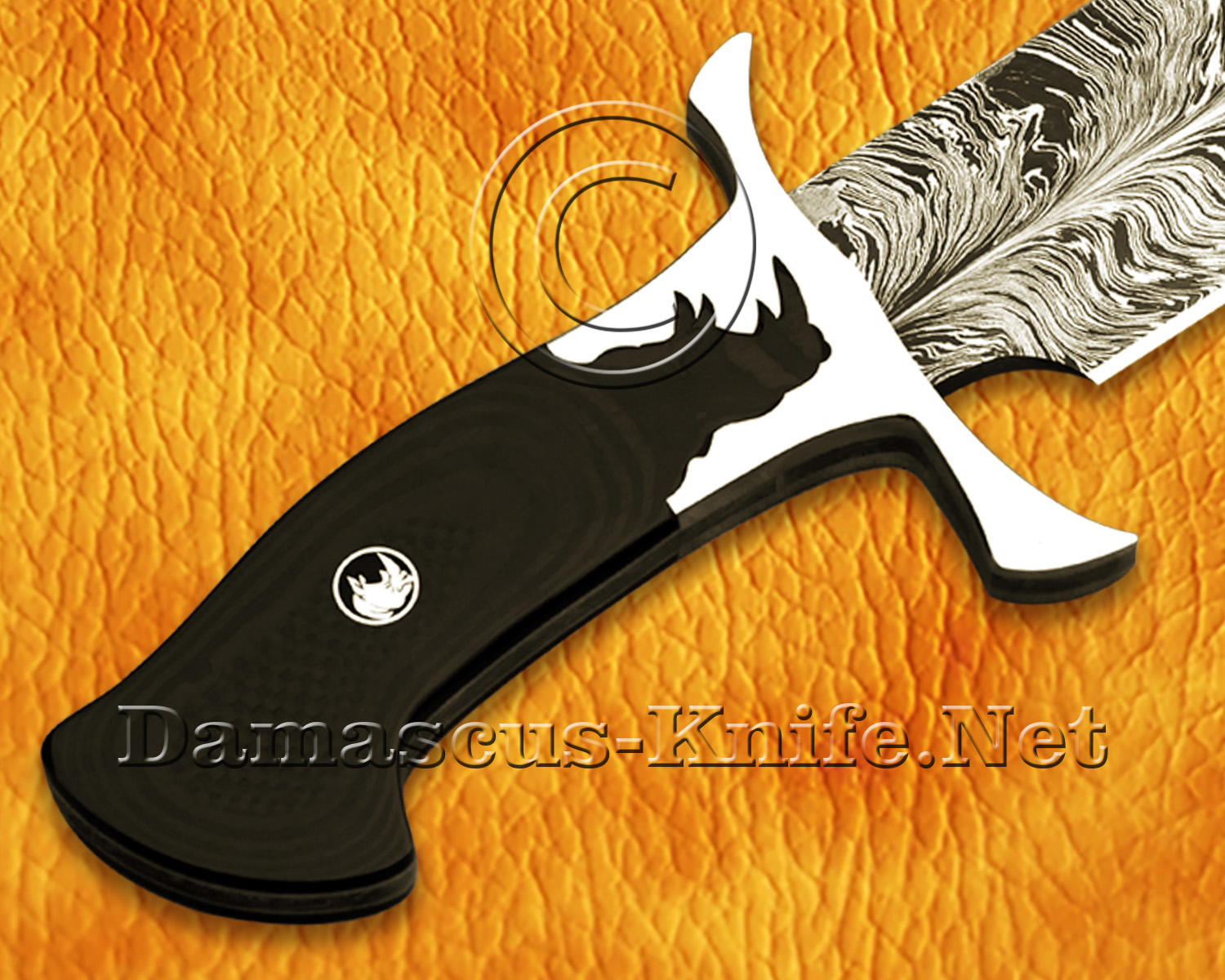 17.5" Damascus Feather Artisan Prep Kitchen Knife - Rhino Handle CK966