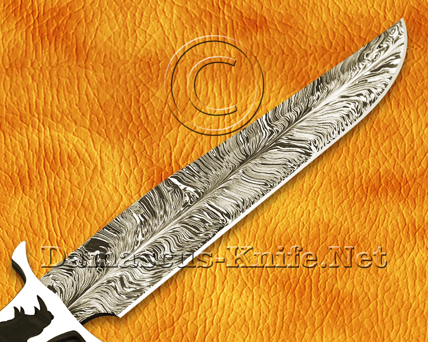 17.5" Damascus Feather Artisan Prep Kitchen Knife - Rhino Handle CK966