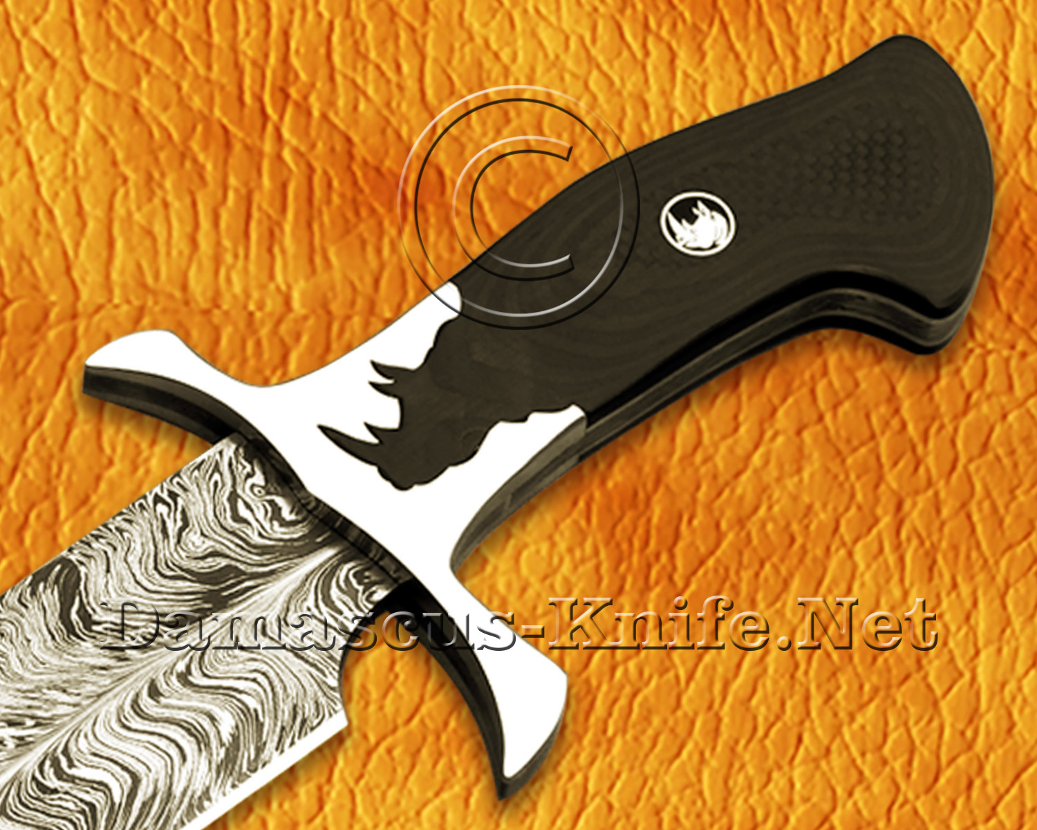 17.5" Damascus Feather Artisan Prep Kitchen Knife - Rhino Handle CK966