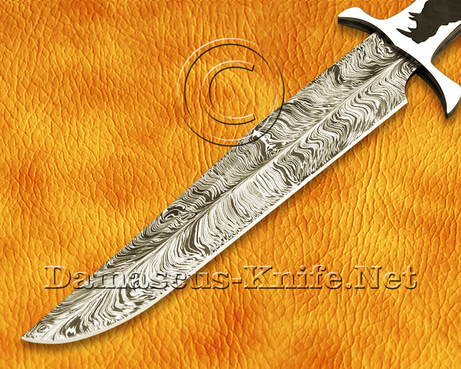 17.5" Damascus Feather Artisan Prep Kitchen Knife - Rhino Handle CK966