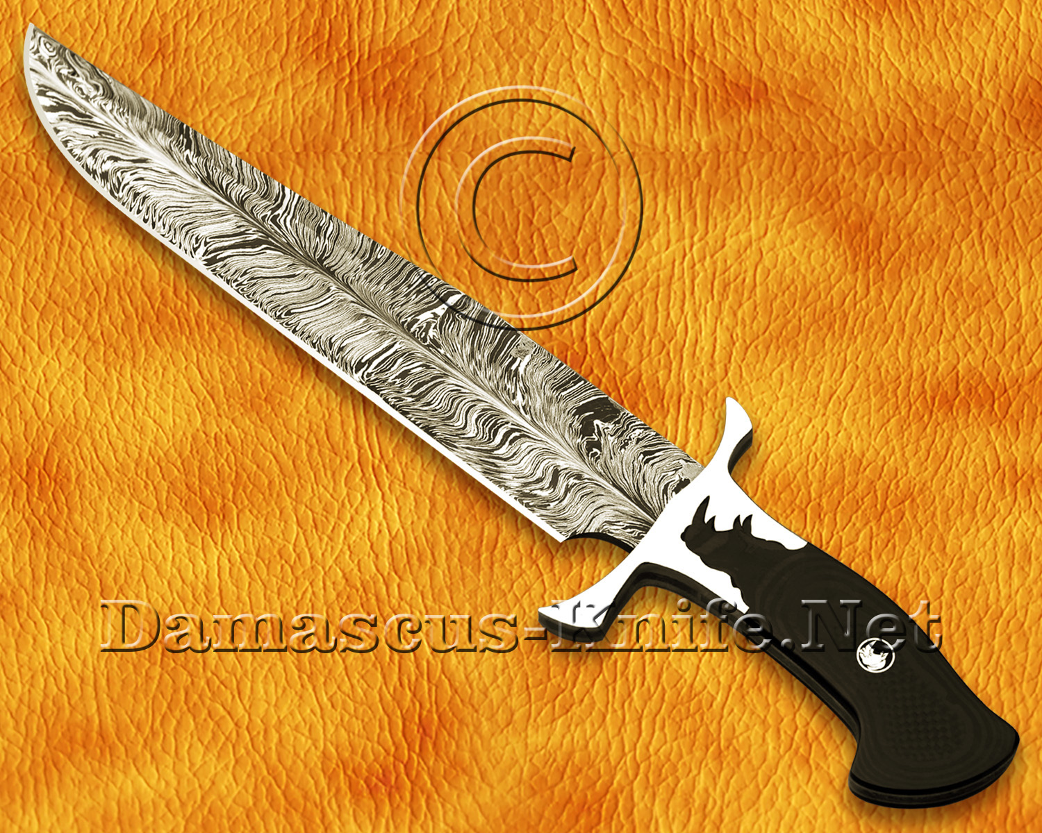 17.5" Damascus Feather Artisan Prep Kitchen Knife - Rhino Handle CK966
