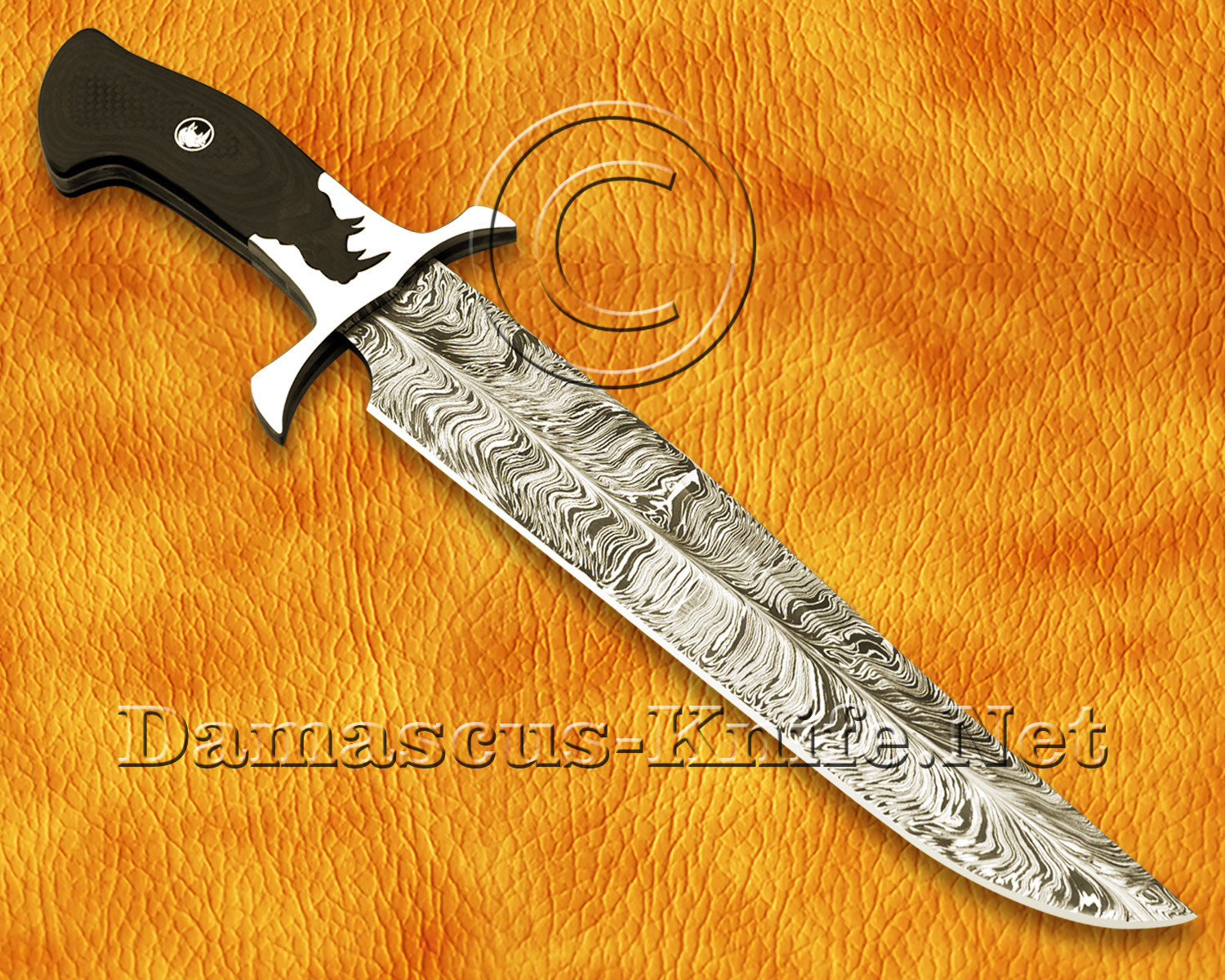 17.5" Damascus Feather Artisan Prep Kitchen Knife - Rhino Handle CK966