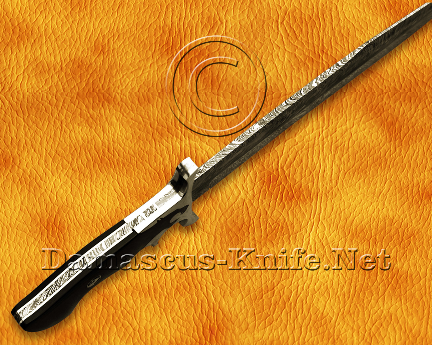 17.5" Damascus Feather Artisan Prep Kitchen Knife - Rhino Handle CK966