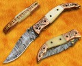 Artisan Scrimshaw Damascus Folding Implement - Bone & Copper Bolsters - FK808 Artisan Scrimshaw Damascus Folding Implement - Bone & Copper Bolsters - FK808