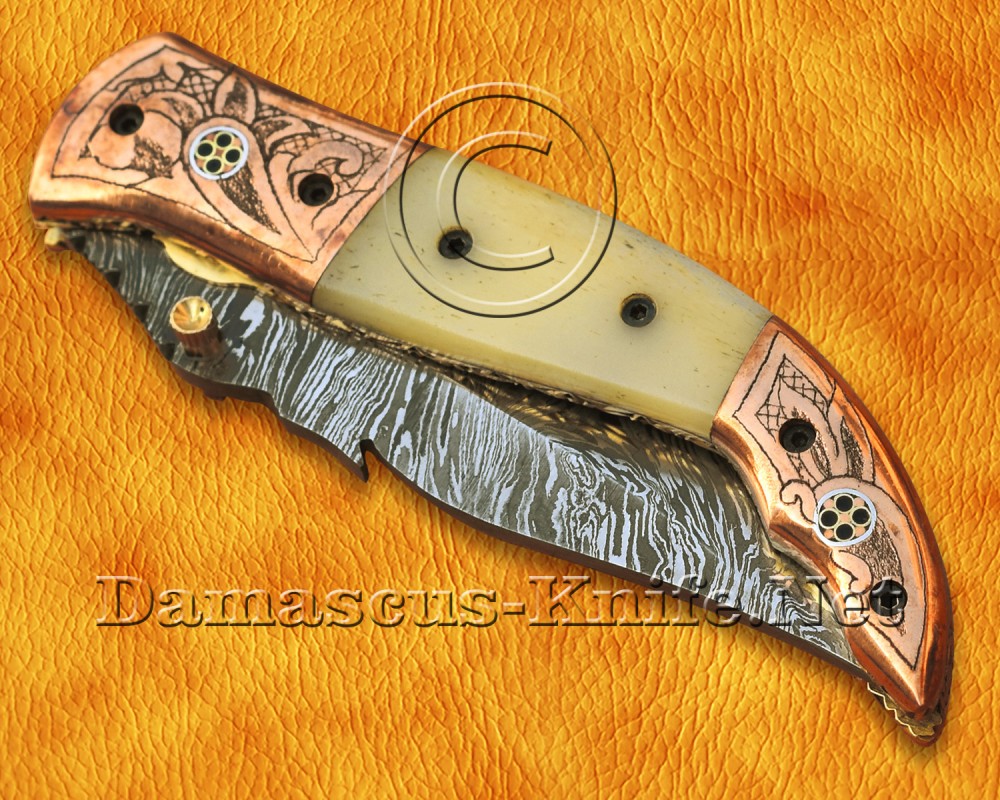 Artisan Scrimshaw Damascus Folding Implement - Bone & Copper Bolsters - FK808 Artisan Scrimshaw Damascus Folding Implement - Bone & Copper Bolsters - FK808