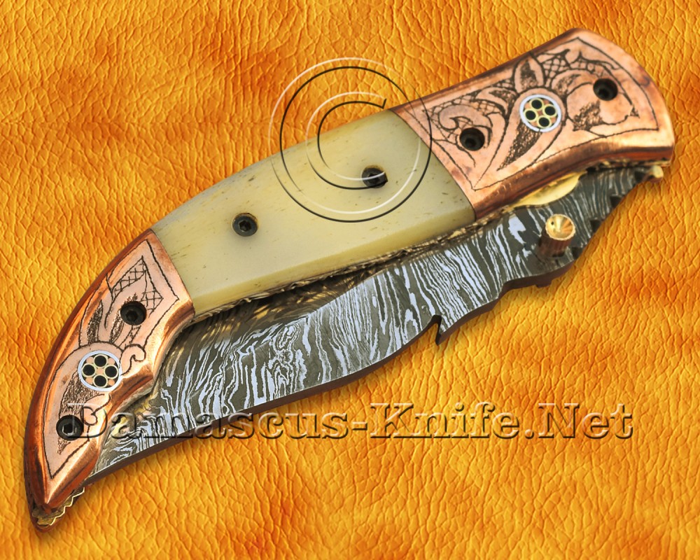 Artisan Scrimshaw Damascus Folding Implement - Bone & Copper Bolsters - FK808 Artisan Scrimshaw Damascus Folding Implement - Bone & Copper Bolsters - FK808