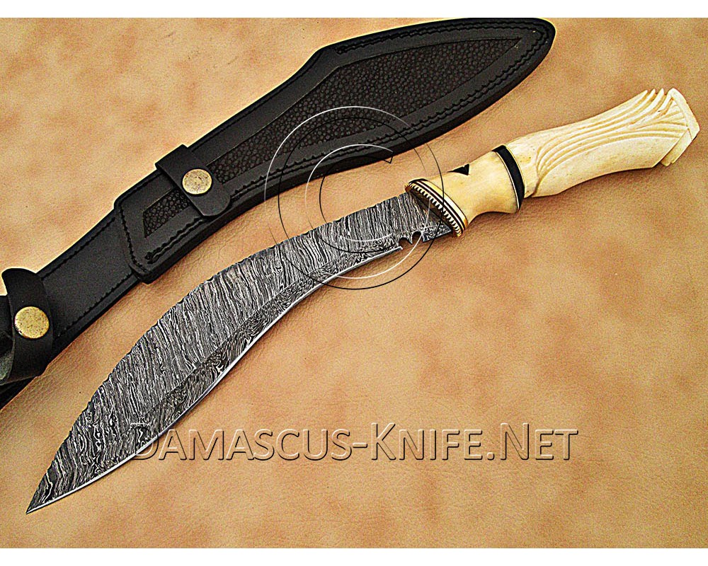 Hand-Forged Damascus Curved Artisan Field-Utility Implement - Natural Bone Handle - CK900