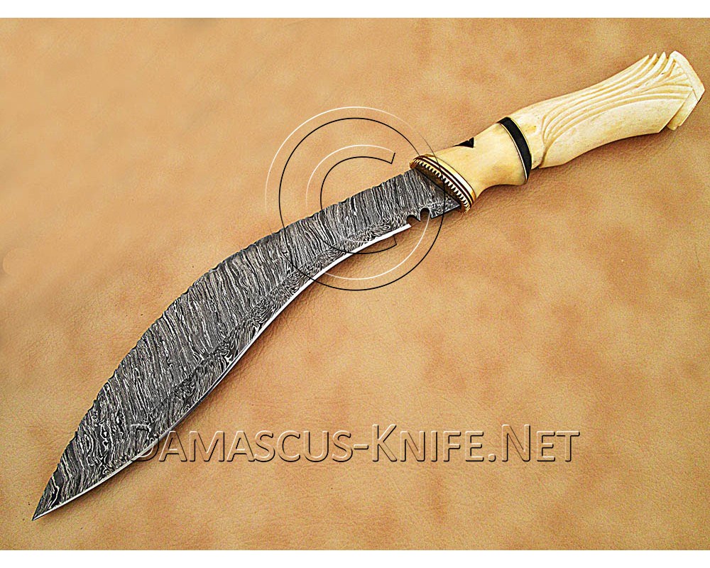 Hand-Forged Damascus Curved Artisan Field-Utility Implement - Natural Bone Handle - CK900