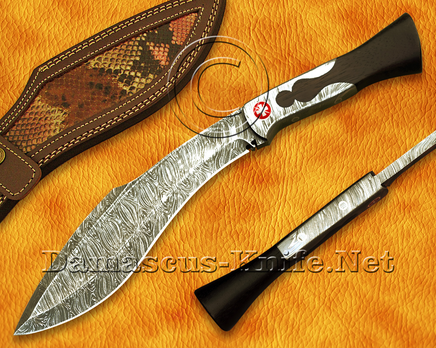 Handmade Full Integral Damascus Field-Utility Implement - Integral Bolster &amp; Mosaic Pins - CK1060