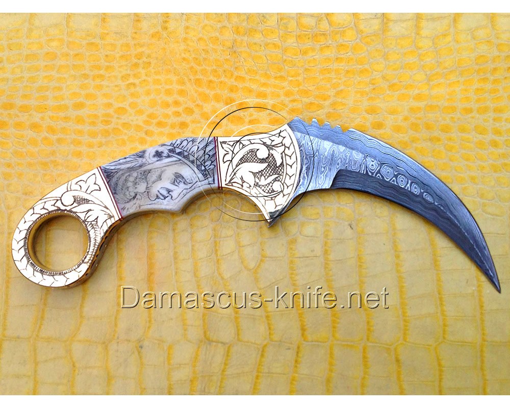 Custom Handmade Damascus Steel Outdoor Hawkbill Knife - Scrimshaw Bone Handle - CK721