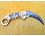 Handmade Damascus Steel Scrimshaw Curved Field-Utility Implement - Bone &amp; Brass - CK721