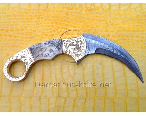 Custom Handmade Damascus Steel Outdoor Hawkbill Knife - Scrimshaw Bone Handle - CK721