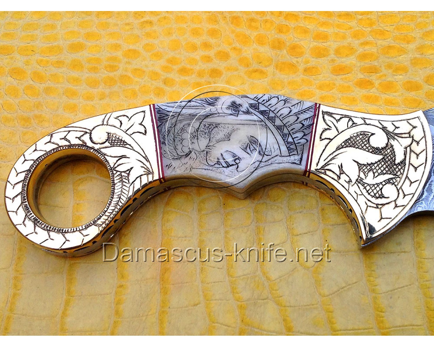 Handmade Damascus Steel Scrimshaw Curved Field-Utility Implement - Bone &amp; Brass - CK721