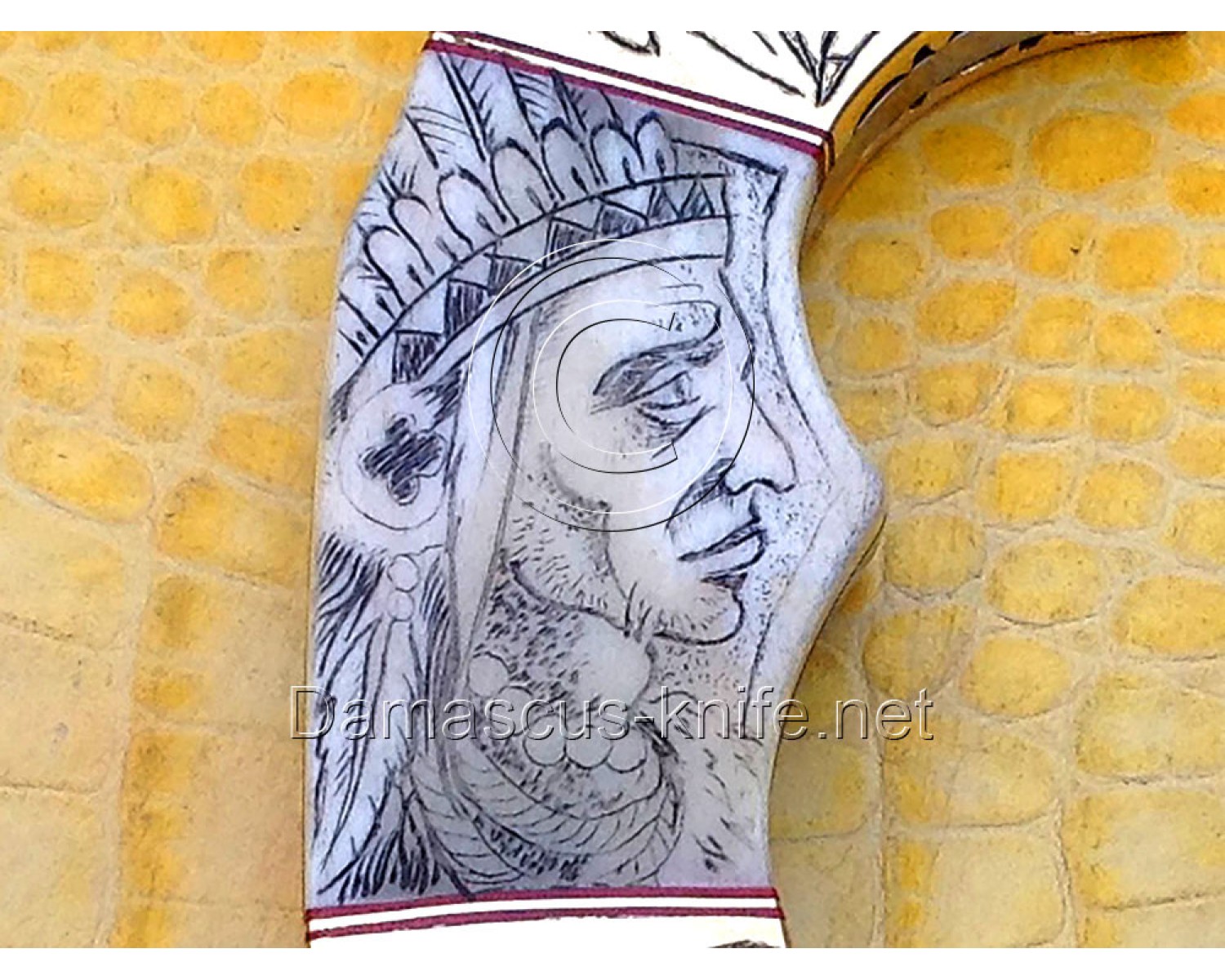 Handmade Damascus Steel Scrimshaw Curved Field-Utility Implement - Bone &amp; Brass - CK721