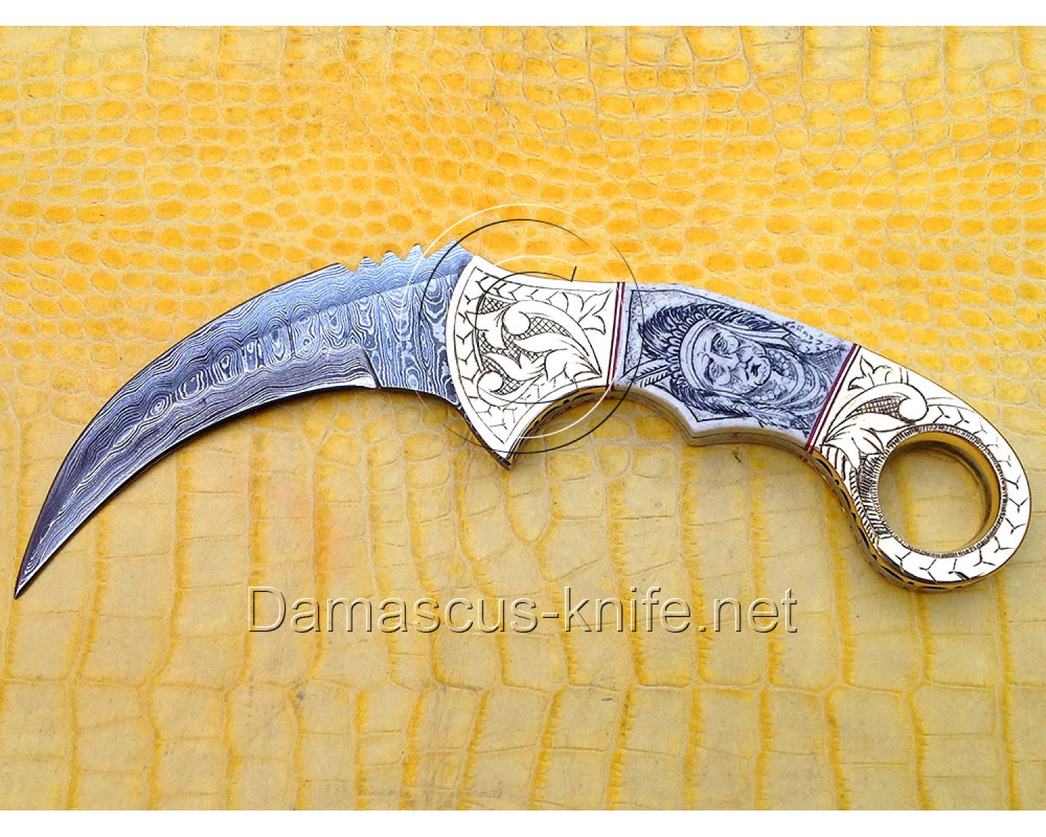 Handmade Damascus Steel Scrimshaw Curved Field-Utility Implement - Bone &amp; Brass - CK721